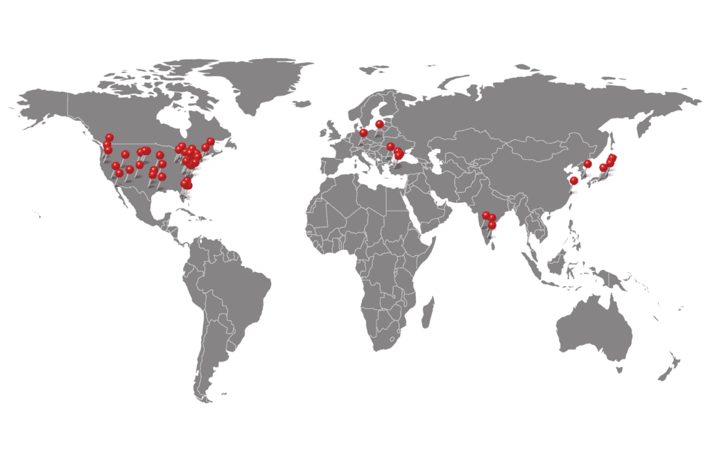 world map with dots representing locations of our customers headquarters