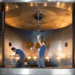inside of the symphony 36 thin film vacuum deposition chamber with two employees working inside the chamber